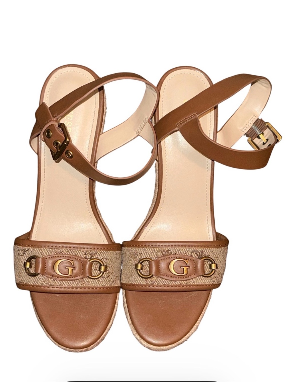 🤎💎🤎Guess Brown & Beige G-Logo Ankle Strap Sandals🤎💎🤎